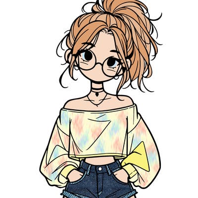girl with a messy ponytail glasses a baggy crop top and jean shorts