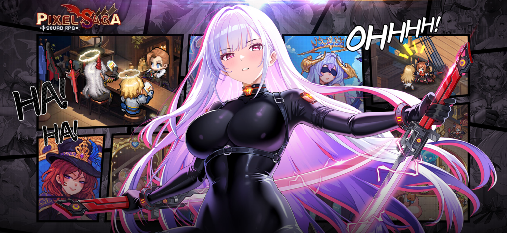 Pixel Saga: Squad RPG - Promotional artwork for Pixel Saga: Squad RPG featuring an anime heroine with a red sword and pixel art game scenes