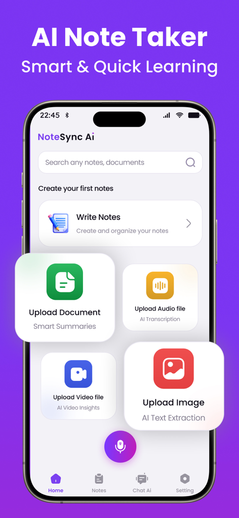 Transcribe  Ai - Note Taker - AI Note Takerモバイルアプリのホーム画面。スマート要約のために、ドキュメント、音声、ビデオ、画像アップロードなどのマルチモーダル入力オプションが表示されます。