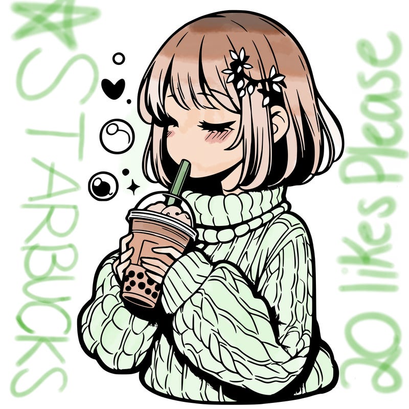 manga girl drinking boba in cozy sweater