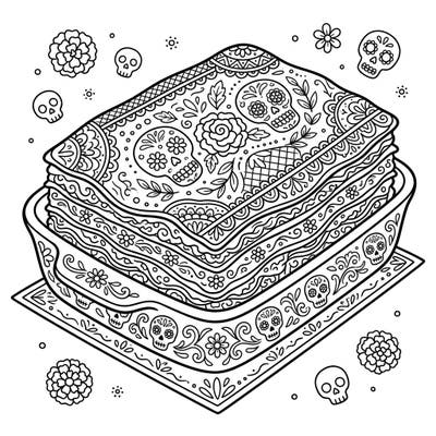 Dive into a delicious blend of culture and creativity with our Day of the Dead Lasagna coloring page. This intricate design features a layered lasagna dish adorned with festive sugar skulls and marigolds.