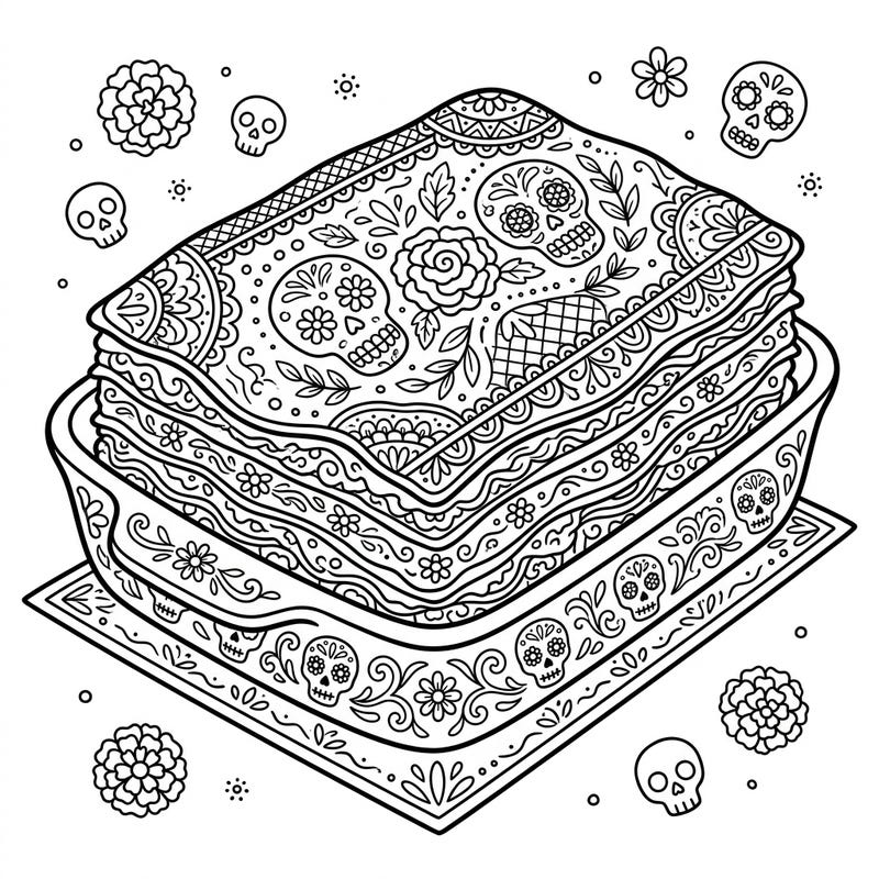 Dive into a delicious blend of culture and creativity with our Day of the Dead Lasagna coloring page. This intricate design features a layered lasagna dish adorned with festive sugar skulls and marigolds.