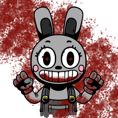 a purple humanoid like rabbit with yellow eyes teeth and gloves and pink overalls