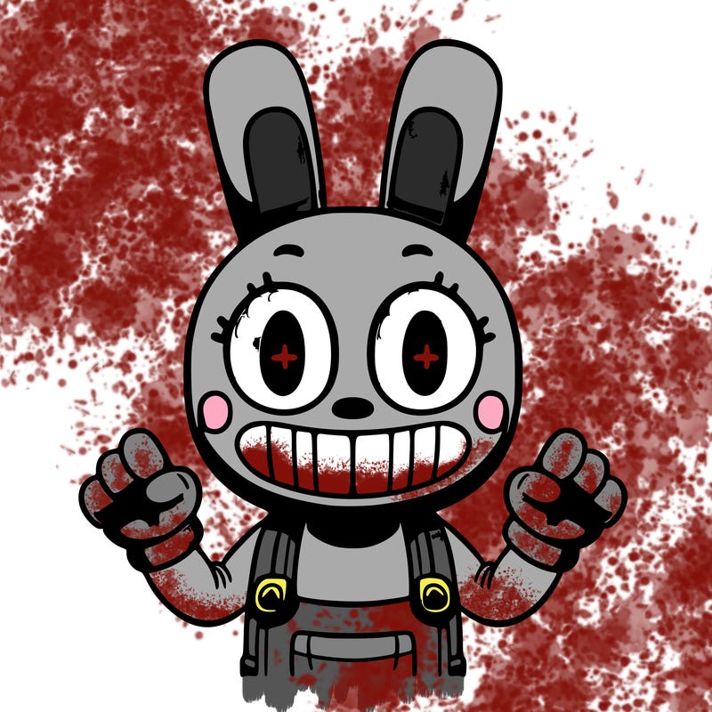 a purple humanoid like rabbit with yellow eyes teeth and gloves and pink overalls