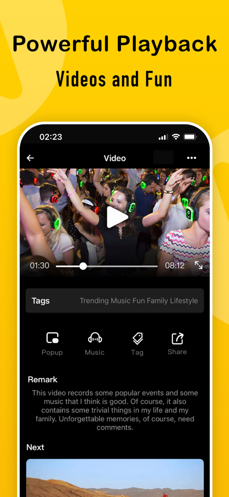 OiVideo Mobile App-Oberfläche, die Videowiedergabe mit Popup- und Musikmodus-Optionen zeigt