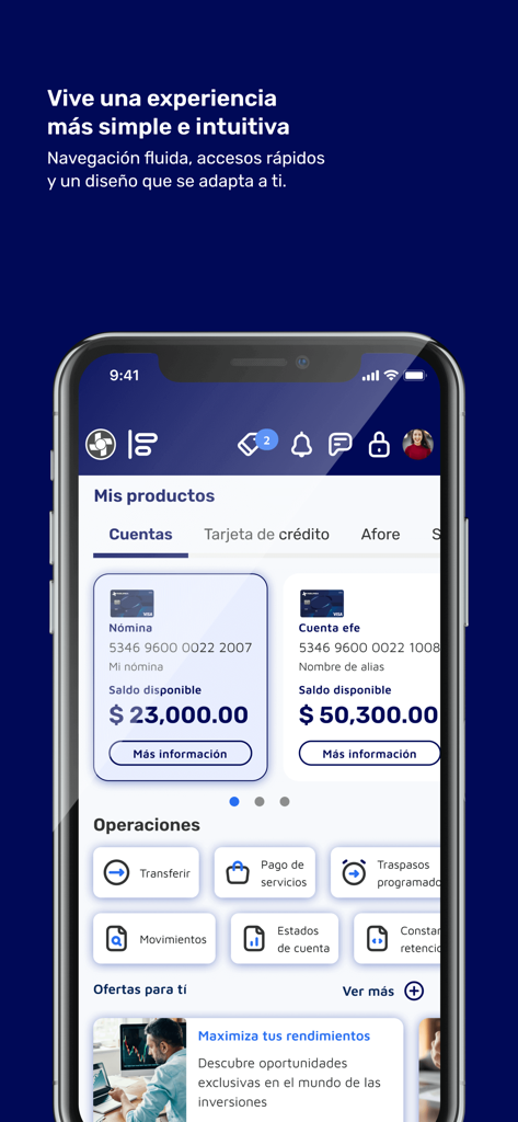 Inbursa Móvil - Interfaz de la aplicación de banca móvil Inbursa Movil mostrando resumen de cuenta y opciones de transacción