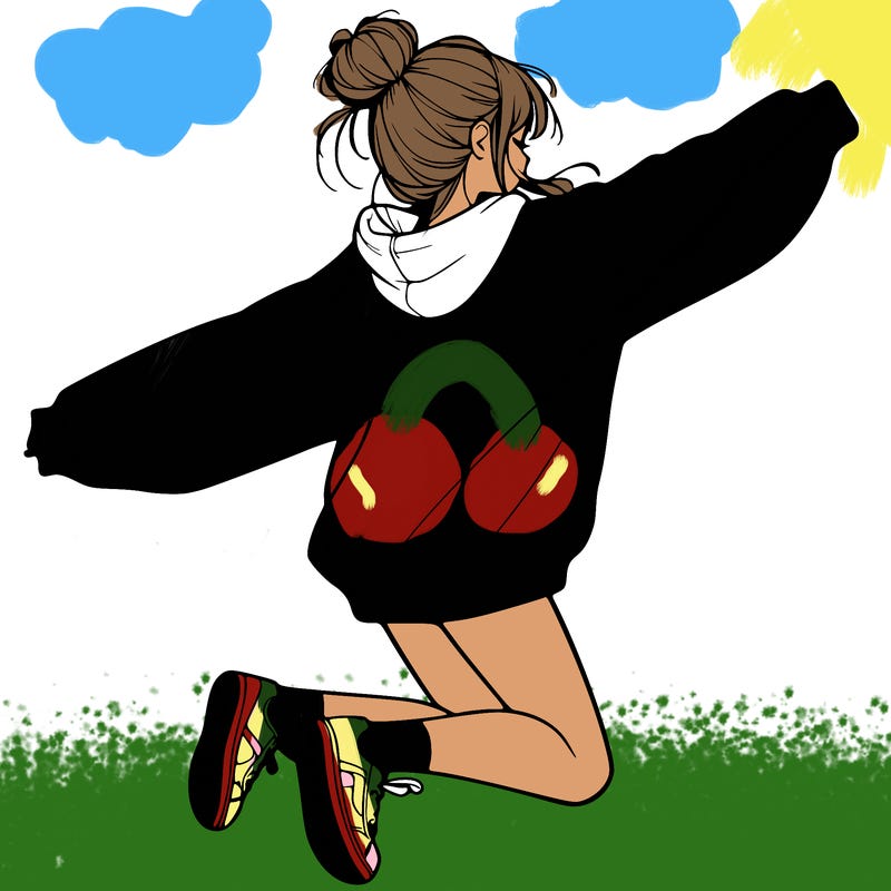 realistic girl jumping with a bun and oversized sweatshirt