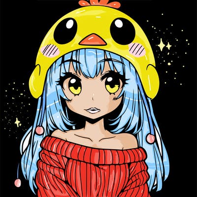anime girl with chick shaped hat with sweater with bare shoulders with bangs covering them one eye with low tail