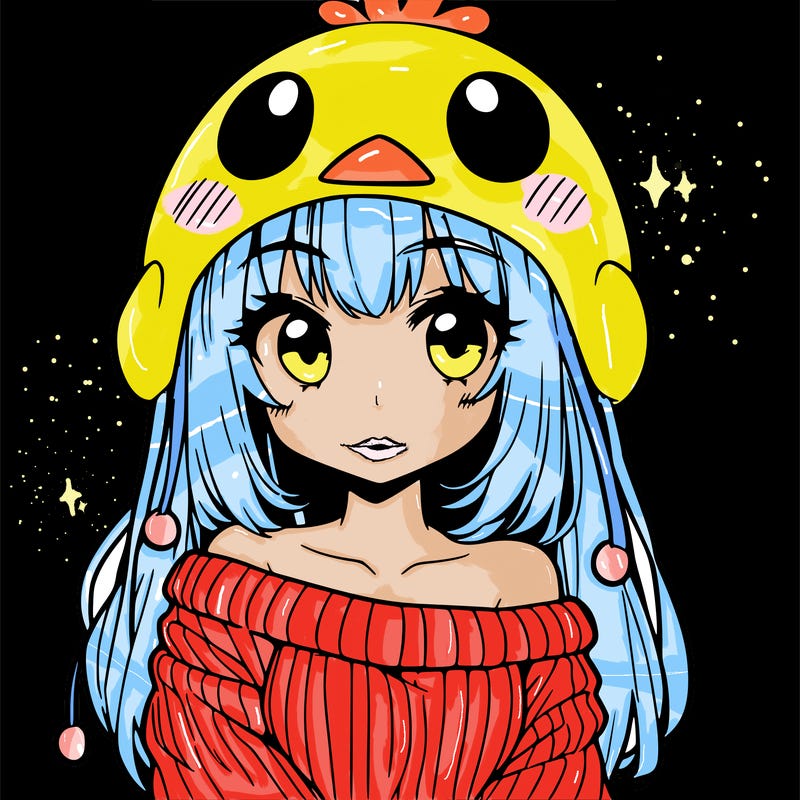 anime girl with chick shaped hat with sweater with bare shoulders with bangs covering them one eye with low tail