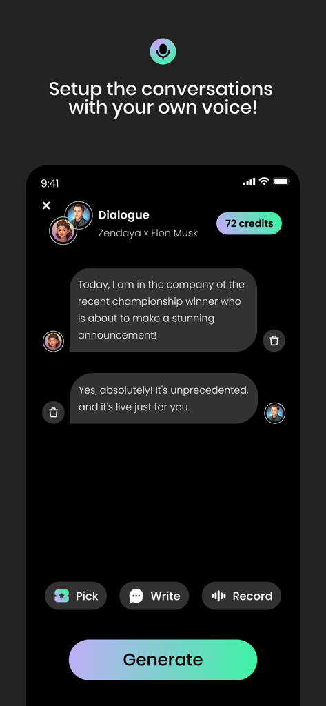 Voicify - Audio Chat Creator - Interface of Voicify app showing a simulated AI conversation between celebrity voices Zendaya and Elon Musk