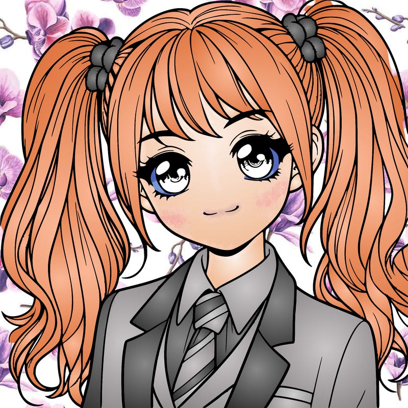 realistic girl with two ponytails and a suit on