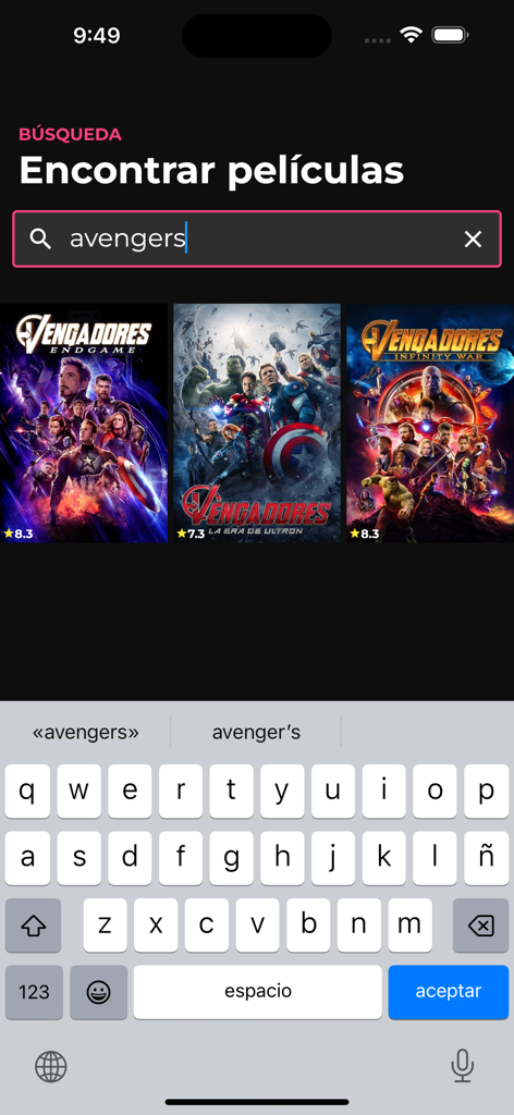 JFlix Películas - Search screen of the JFlix Peliculas app showing movie results for Avengers in Spanish