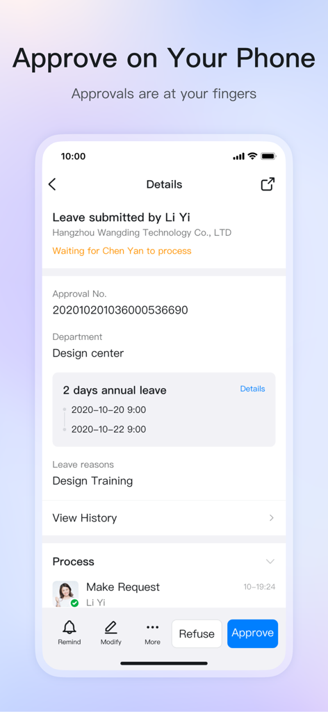 DingTalk app interface showing a mobile workflow for approving a leave request with refuse and approve buttons