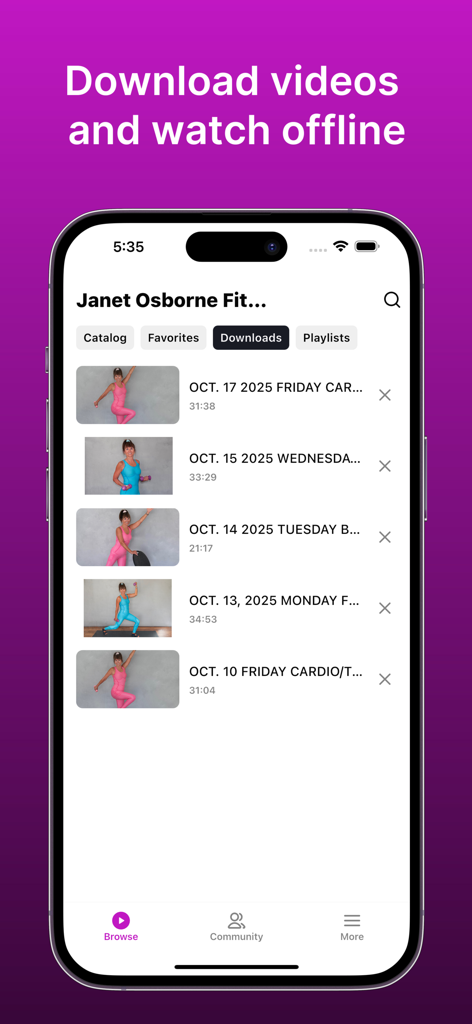 Janet Osborne Fitness app showing a list of downloaded workout videos for offline viewing
