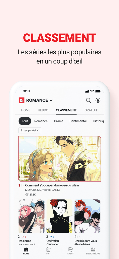 Clasificación de series de webtoons populares en la aplicación móvil LEZHIN ES