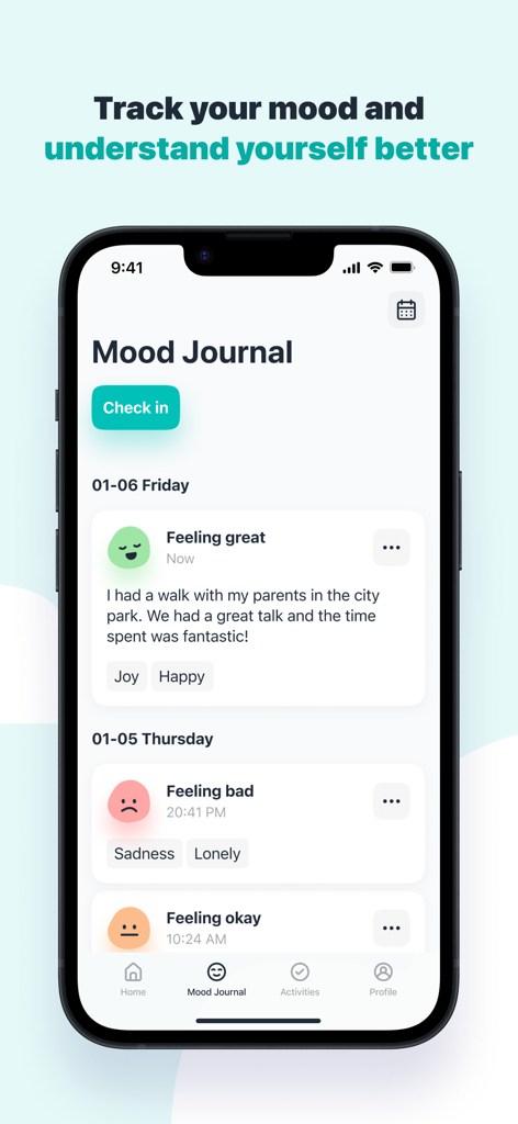 Sensa - Mental Coach - Sensa app interface showing a mood journal for tracking daily emotions and entries