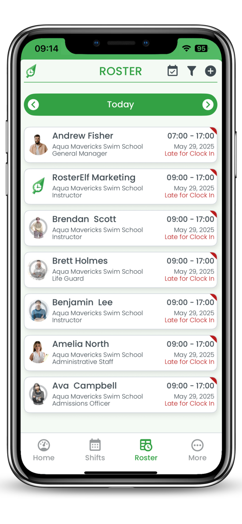RosterElf mobile app interface showing a list of employees with their shift times and attendance status