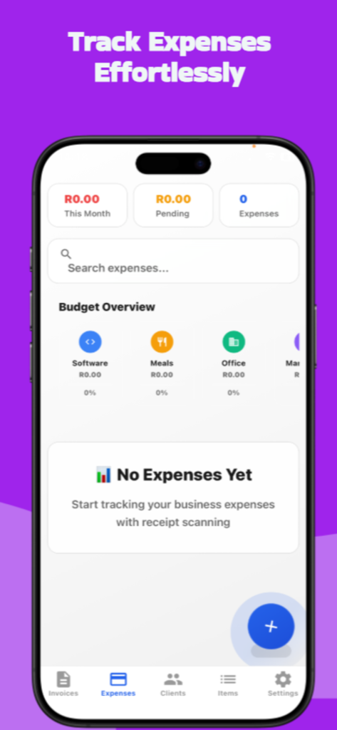 Invoice maker : invoice app - Uma interface de aplicativo móvel mostrando um rastreador de despesas de negócios com categorias de orçamento e dados de resumo.