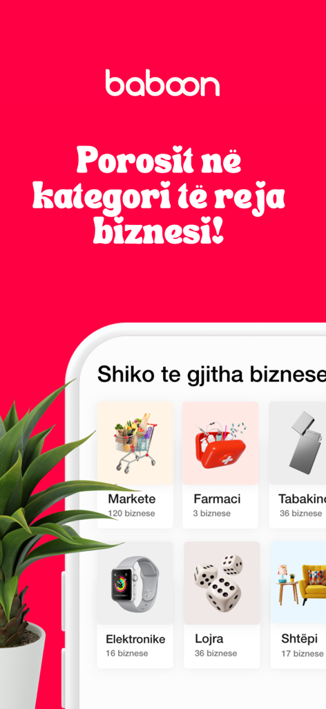 Baboon Delivery: Food and more - Baboon Delivery app screen showing various shopping categories like markets pharmacy and electronics