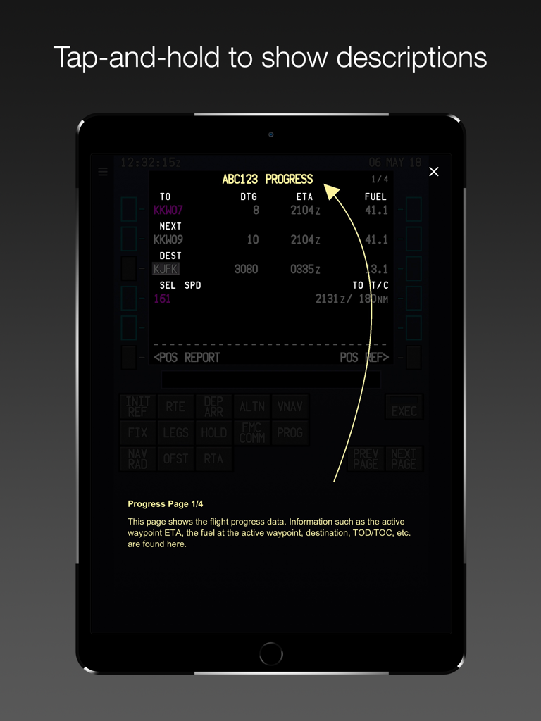 787 FMC - A screenshot of the 787 FMC app on an iPad showing the interactive Progress page with an explanatory description