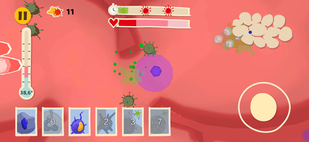 Gameplay interface of Cells in Action showing immune cells defending the body against viruses and bacteria.