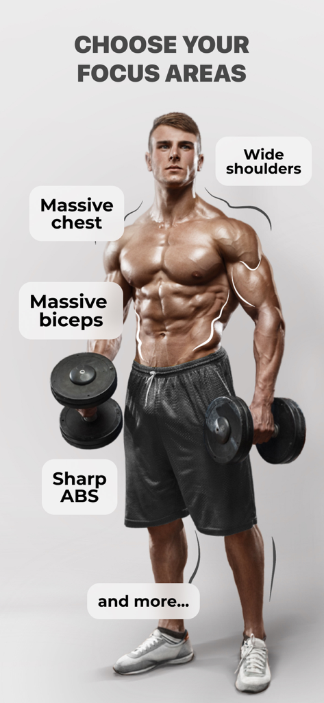Screen from Fitness app showing muscle focus area options like massive chest and sharp abs on a muscular male model