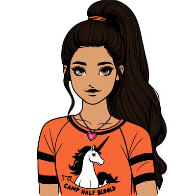 realistic girl with a high ponytail a t-shirt with a pegasus on it with the words camp half blood on it