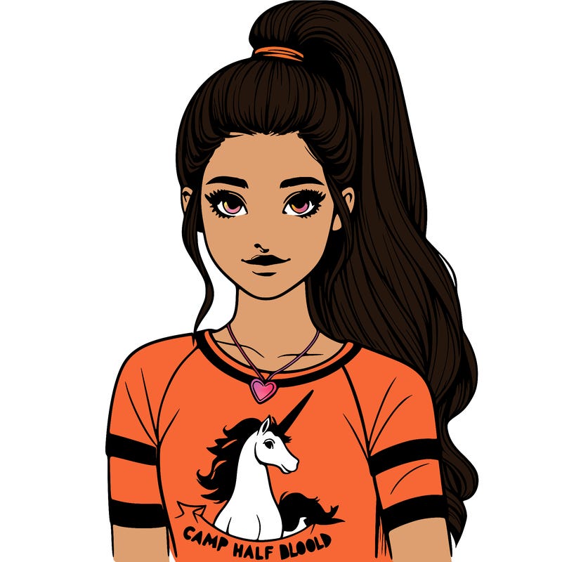 realistic girl with a high ponytail a t-shirt with a pegasus on it with the words camp half blood on it