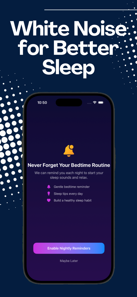 Fan Noise: Sleep Better - Interfaz de la aplicación Ruido de Ventilador que muestra la opción para habilitar recordatorios nocturnos para dormir mejor