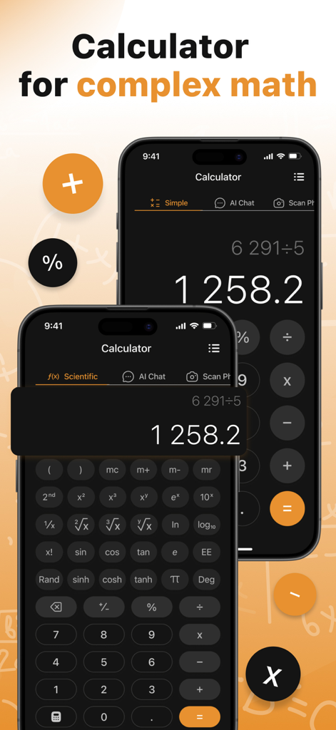 Fraction Calculator: Math Help - Two iPhone screens displaying simple and scientific calculator modes for solving complex math and fractions.