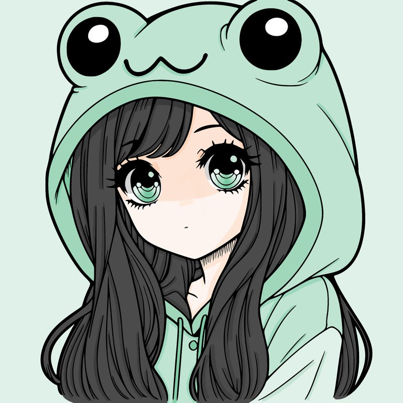 a pretty girl wearing a frog hoodie portrait with long hair