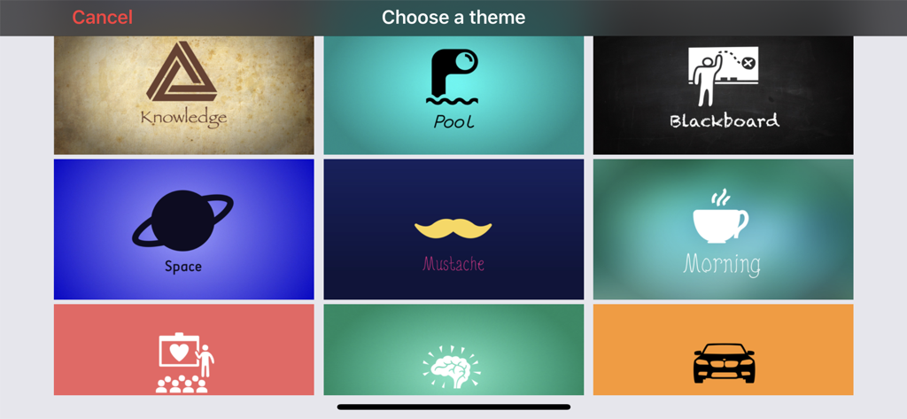 Vidra - Video Presentations - A grid of presentation themes in the Vidra app showing options like Knowledge Blackboard and Space