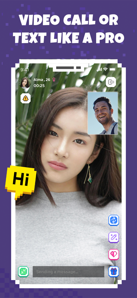 Una captura de pantalla de la aplicación Hay que muestra una videollamada en vivo con funciones de interacción social y filtros.