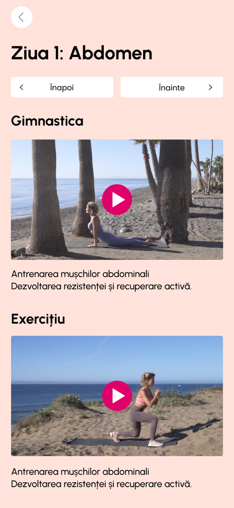 Fitness Mama - A screen from the Fitness Mama app showing an abdominal exercise routine with video demonstrations