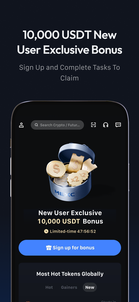 MEXC: Buy Bitcoin BTC & Crypto - App di criptovalute MEXC che mostra la schermata del bonus per i nuovi utenti di 10.000 USDT.
