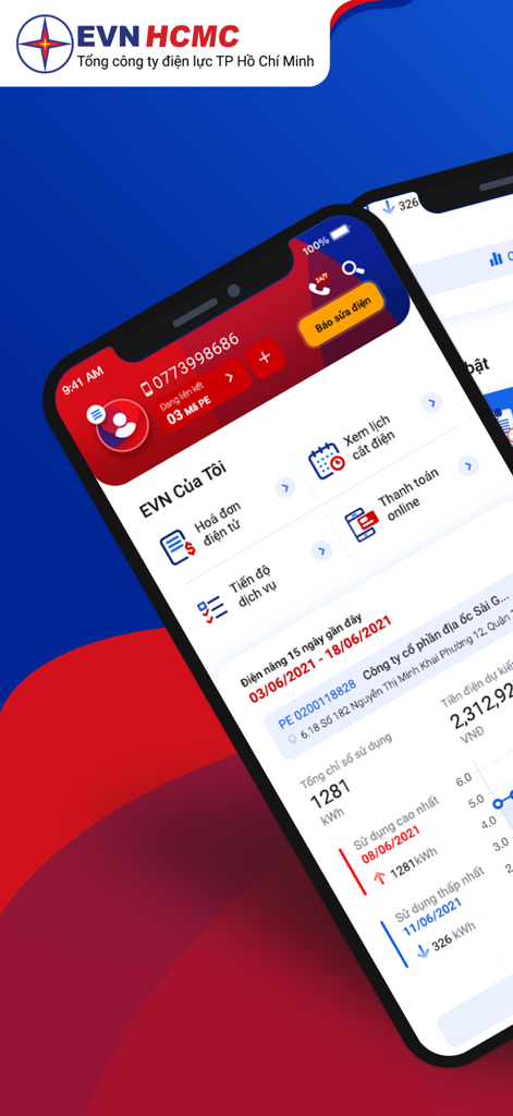 Dashboard der EVNHCMC-Versorgungs-App mit Anzeige von Stromverbrauch und Abrechnung.