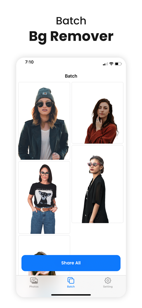 Remove & Change Background - Interface showing the batch background removal feature for multiple portrait photos in the app