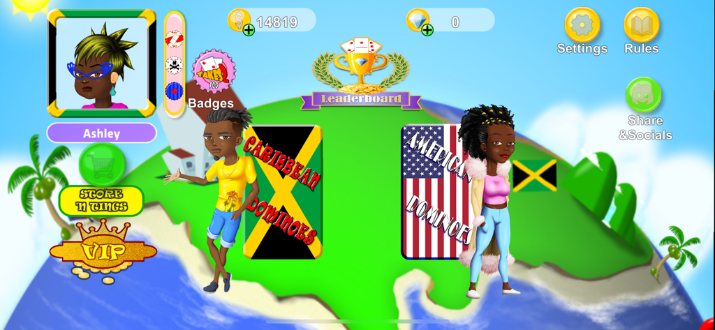 The main menu of the Caribbean Dominoes Jamaican game showing custom avatars and game mode selection for Caribbean and American dominoes.