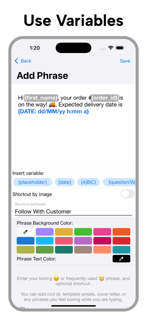 LazyBoard: Phrase Keyboard - LazyBoard app screen for adding phrases with dynamic variables like name and date