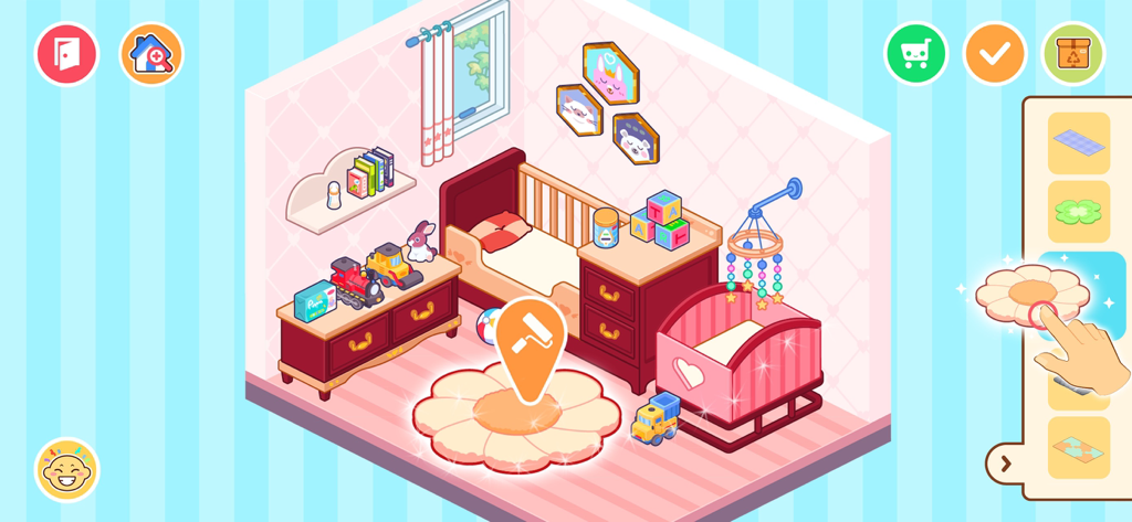 花柄のラグとベビー家具が特徴の、子供向けホームメーカーゲームのインタラクティブな保育園デザインシーン