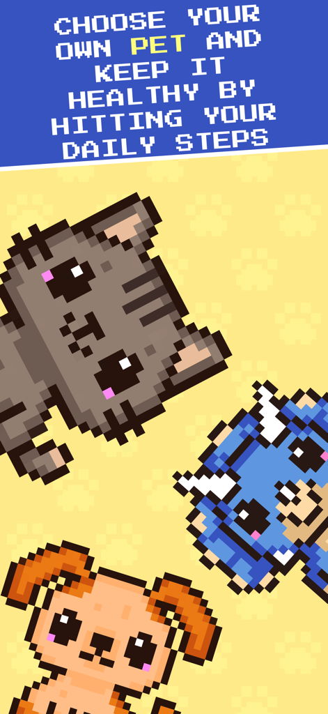 StepPals - Walking App - Pixel art characters of a cat dog and dinosaur in the StepPals walking app interface