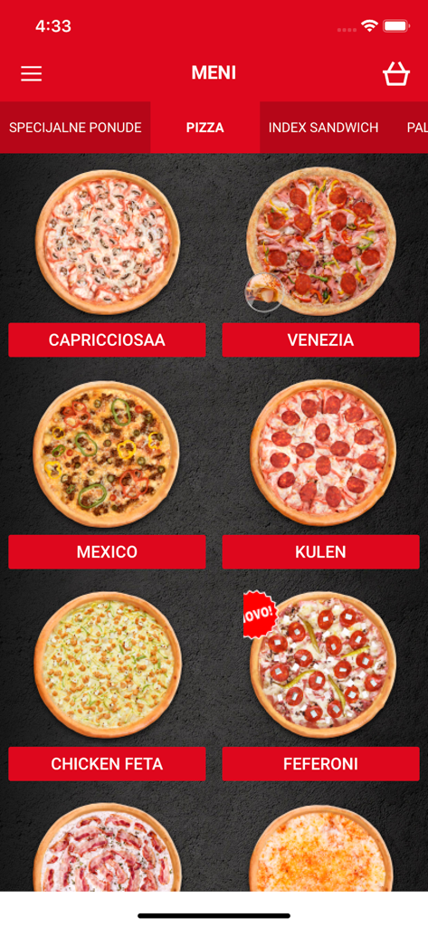 Menú de la aplicación móvil Caribic Pizza mostrando varias opciones de pizza con nombres e imágenes