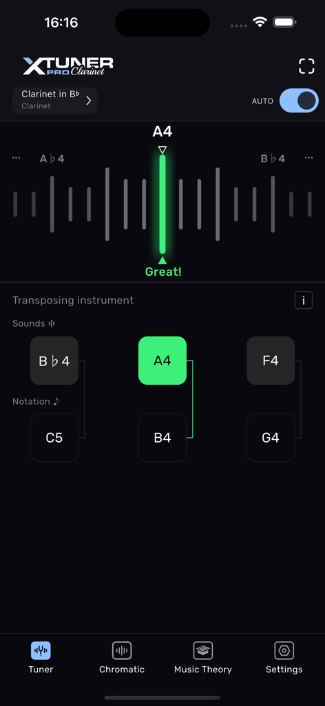 Clarinet Tuner – XTuner PRO - Clarinet Tuner XTuner PRO app interface showing a visual tuning gauge for note A4 on a Bb clarinet