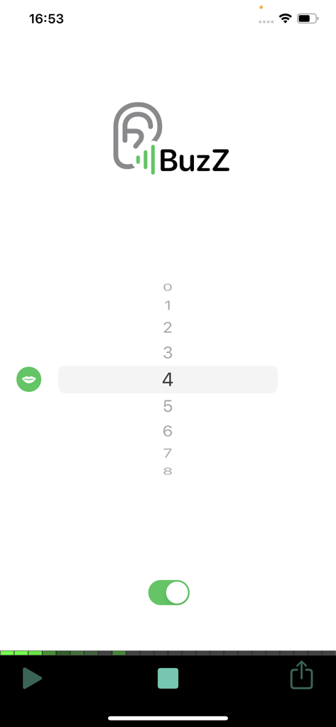 Buzz Listen - Interface of Buzz Listen app showing a vertical scroll wheel to adjust ambient sound volume