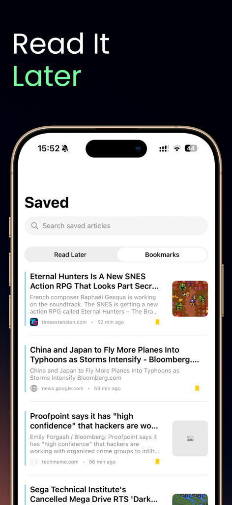 Simplio RSS Reader interface displaying saved articles in the read later section