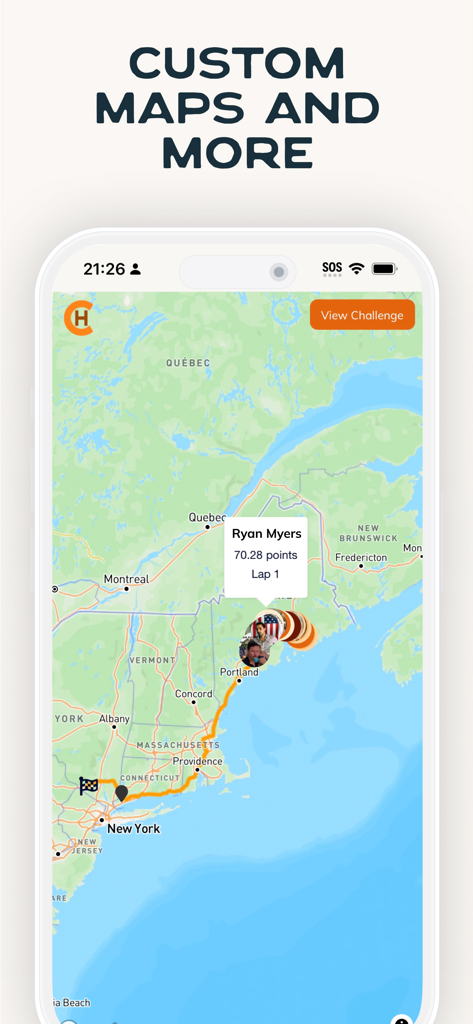 Challenge Hound - Challenge Hound app screen showing a virtual fitness route on a map with user progress markers and leaderboards.