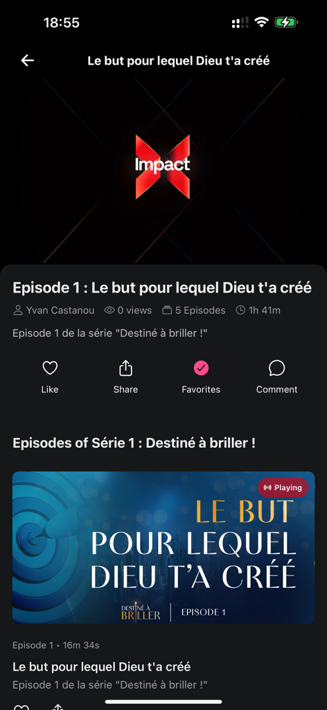 ImpactX - Interfaz de la aplicación ImpactX que muestra un episodio de coaching de Yvan Castanou titulado El propósito para el cual Dios te creó.