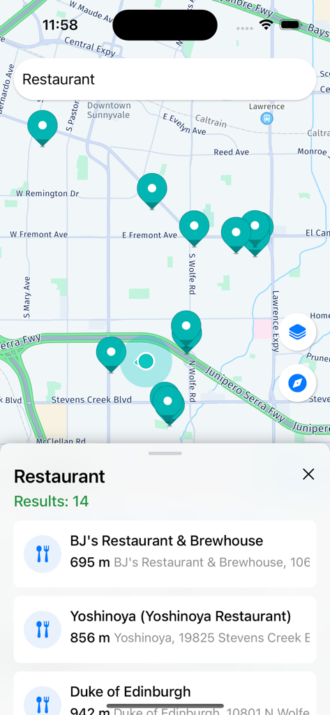 GPS Navigation, Map Direction - Interface de l'application de navigation GPS montrant une carte avec des épingles de localisation et une liste de résultats de recherche de restaurants locaux.