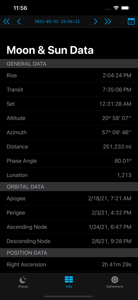 Captura de pantalla de la aplicación LunarSight que muestra datos astronómicos detallados de la luna y el sol.