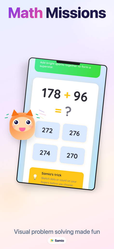Samio Learning - Samio Learning app interface showing a math addition mission for kids with multiple choice answers.